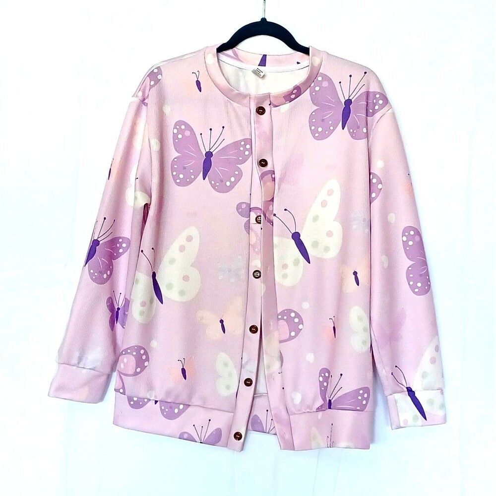 Generic Women’s M Pink Purple Butterfly Button‑Front Short Cardigan Lightweight